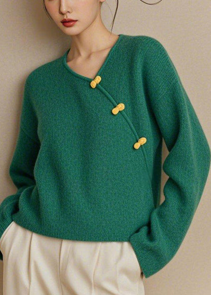 Simple Green V Neck Button Solid Knit Sweater Spring