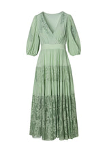 Load image into Gallery viewer, Simple Green V Neck Embroidered Floral Elastic Waist Silk Long Dress Short Sleeve