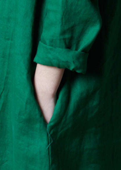 Simple Green V Neck Pockets Patchwork Linen Dress Fall