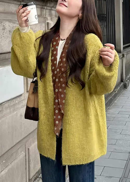 Simple Green V Neck Solid Knit Cardigans Fall