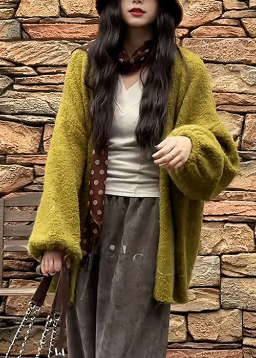 Simple Green V Neck Solid Knit Cardigans Fall