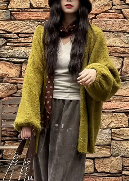 Simple Green V Neck Solid Knit Cardigans Fall