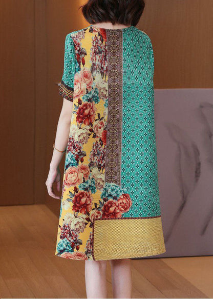 Simple Green Yellow O-Neck Wrinkled Print Silk Holiday Dress Short Sleeve