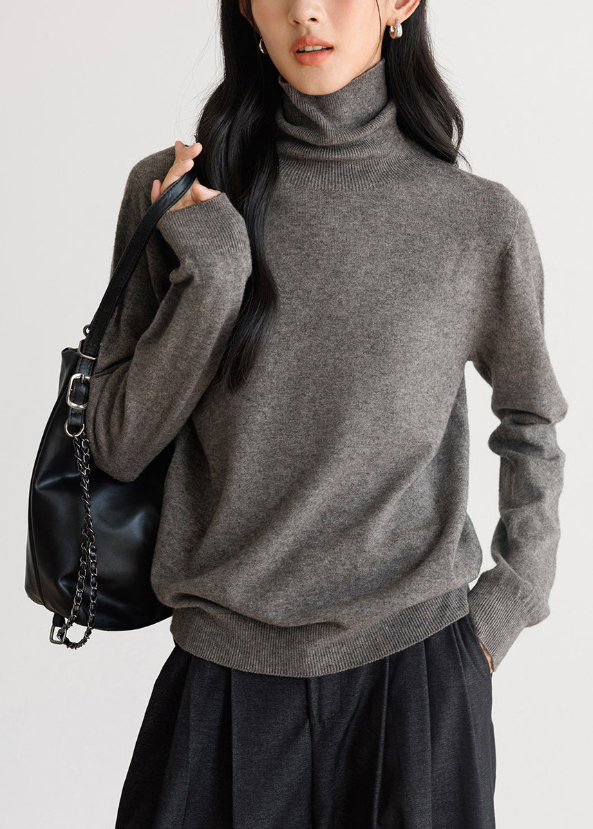 Simple Grey High Neck Knit Tops Spring