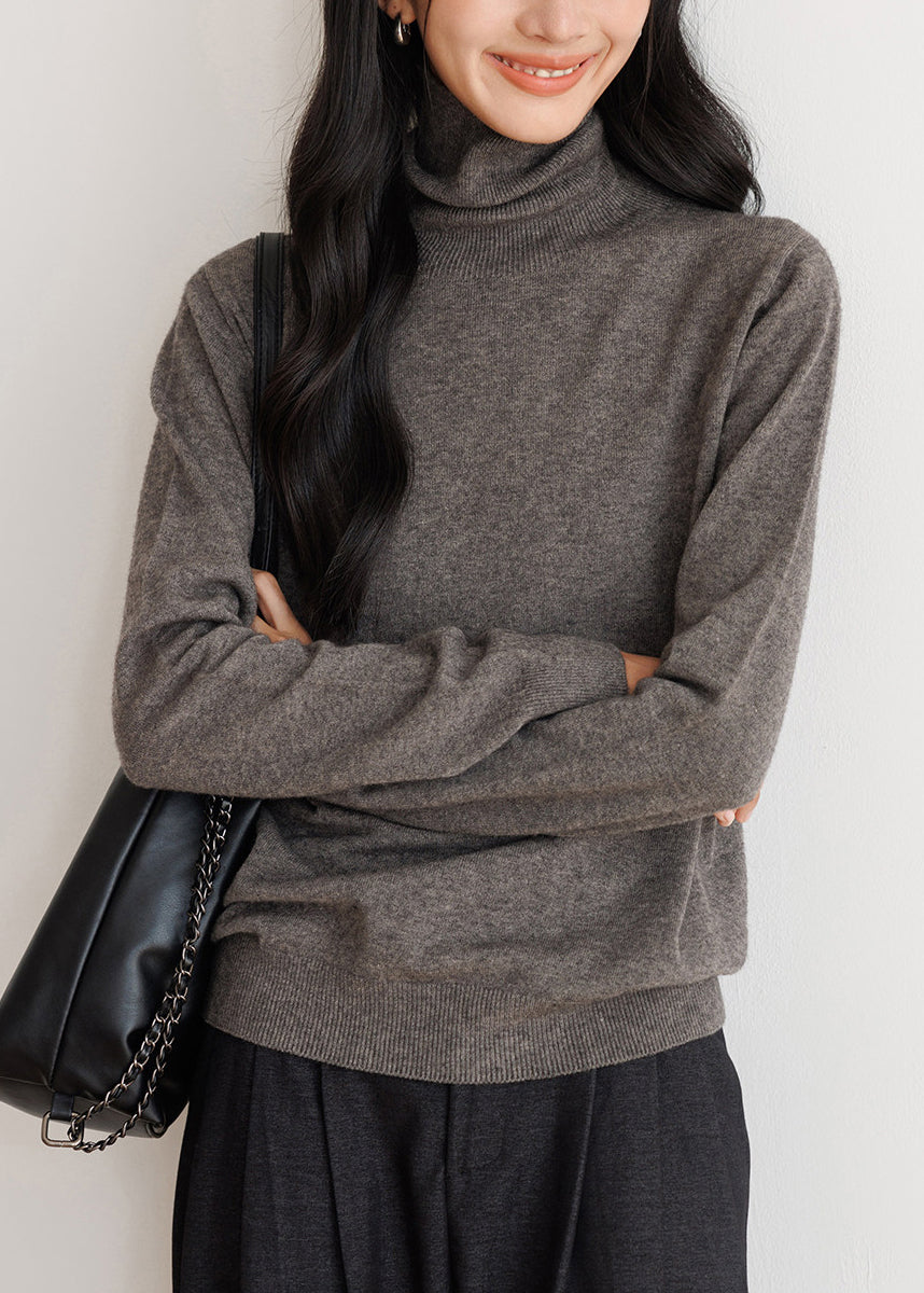 Simple Grey High Neck Knit Tops Spring