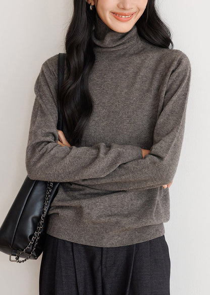 Simple Grey High Neck Knit Tops Spring