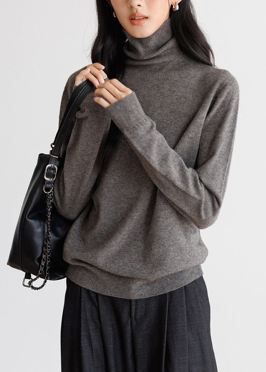 Simple Grey High Neck Knit Tops Spring