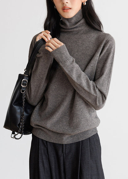 Simple Grey High Neck Knit Tops Spring