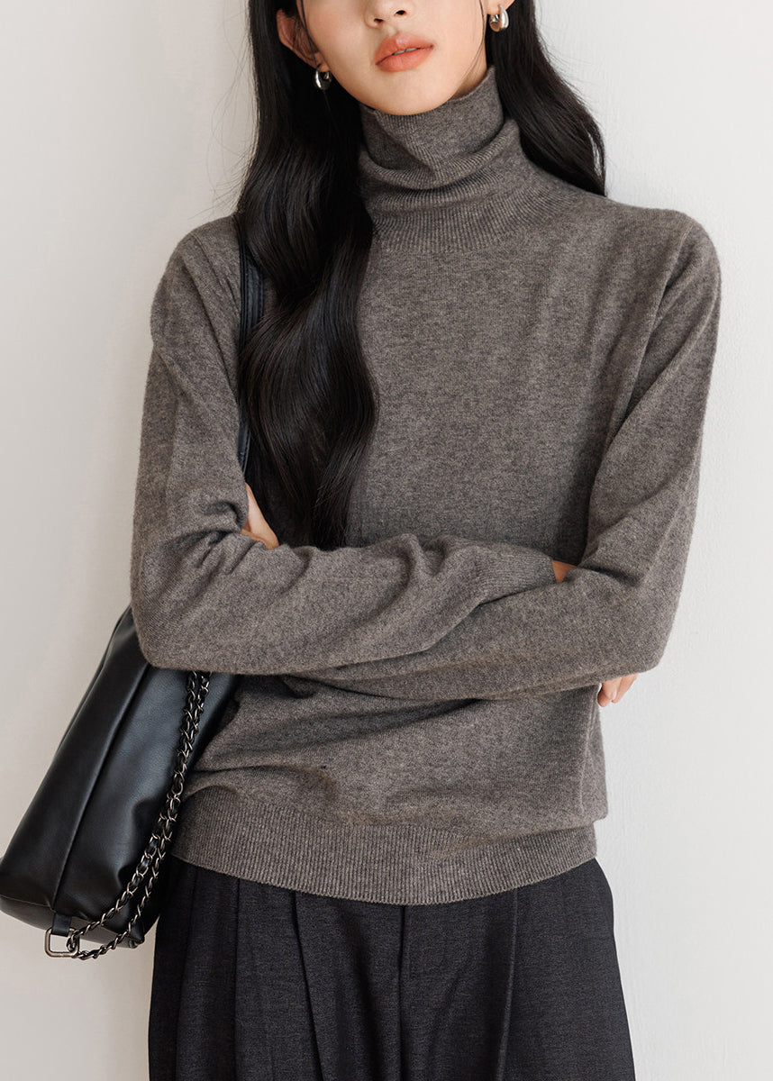 Simple Grey High Neck Knit Tops Spring
