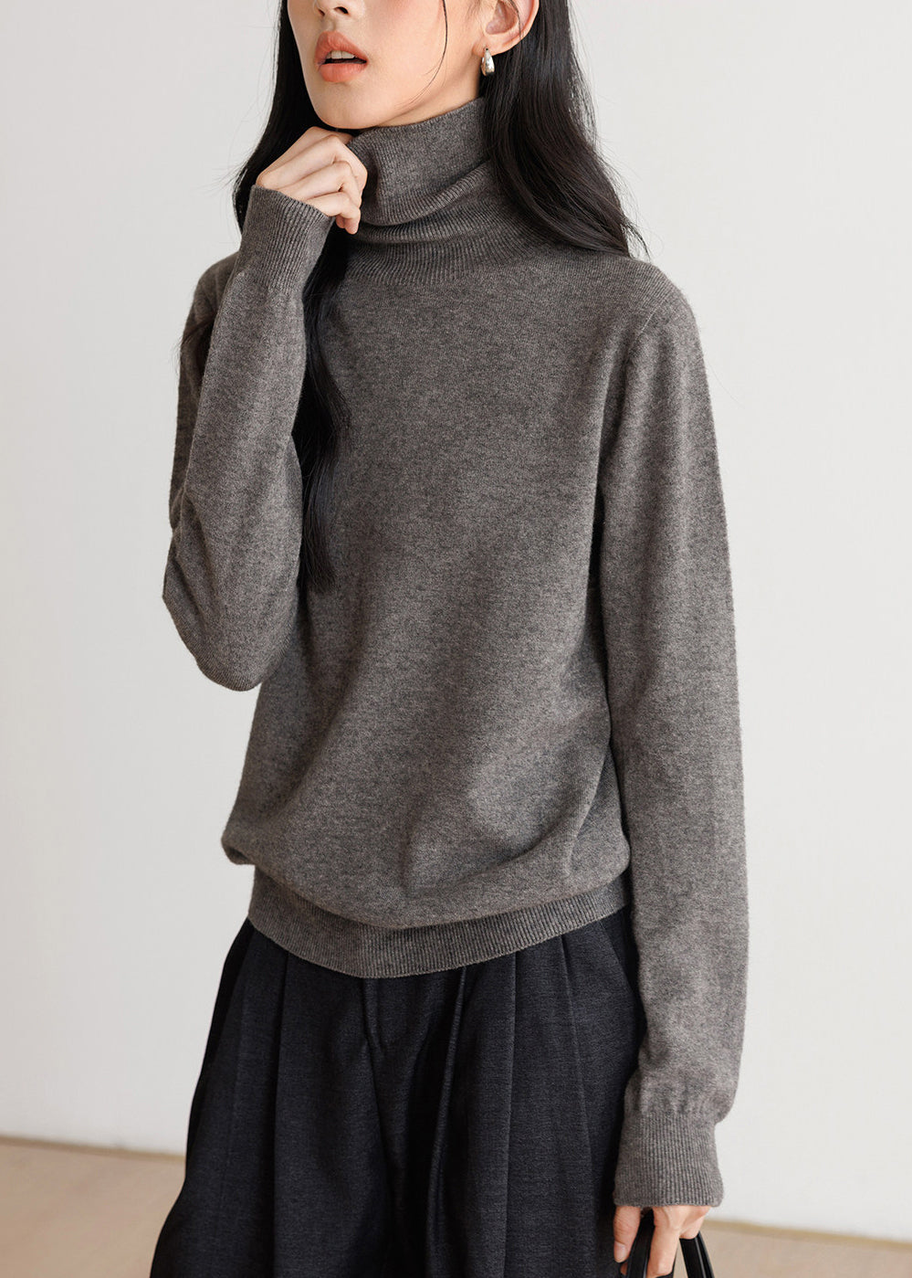 Simple Grey High Neck Knit Tops Spring