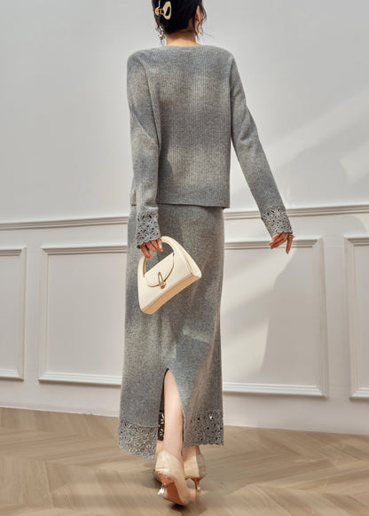 Simple Grey Hollow Out Sweaters And Skirts Knit Two Pieces Set Winter