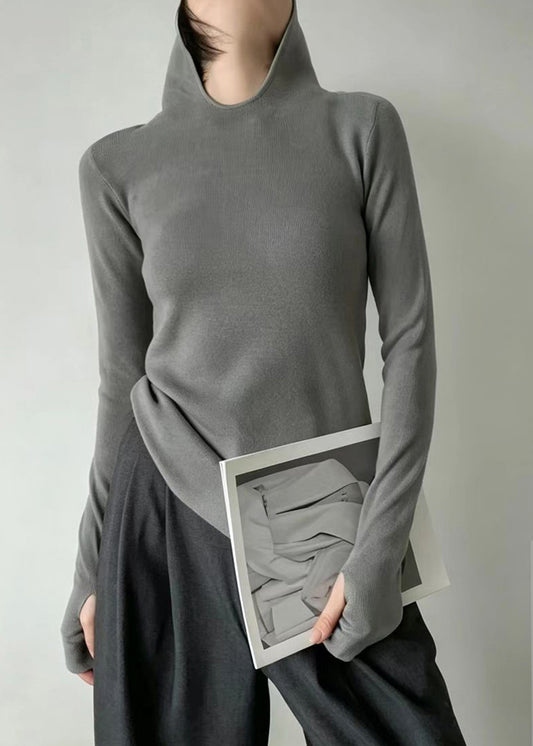 Simple Grey Hooded Thumb Hole Knit Sweater Long sleeve