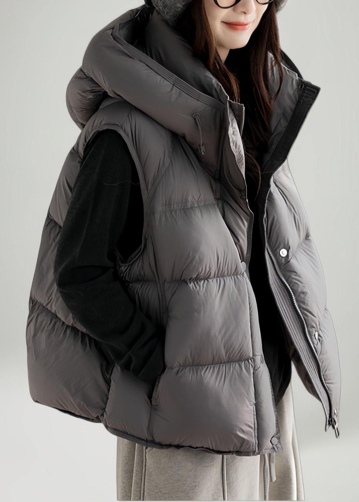 Simple Grey Hooded Warm Fine Cotton Filled Parkaer Winter