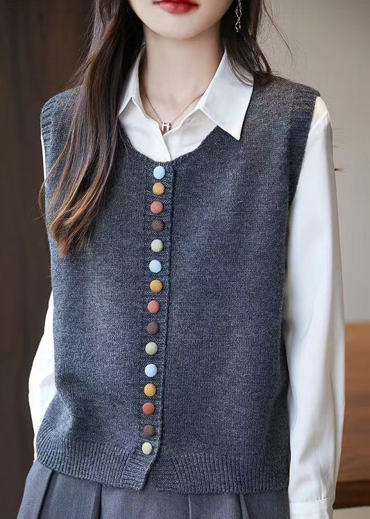 Simple Grey O Neck Button Knit Vest Sleeveless