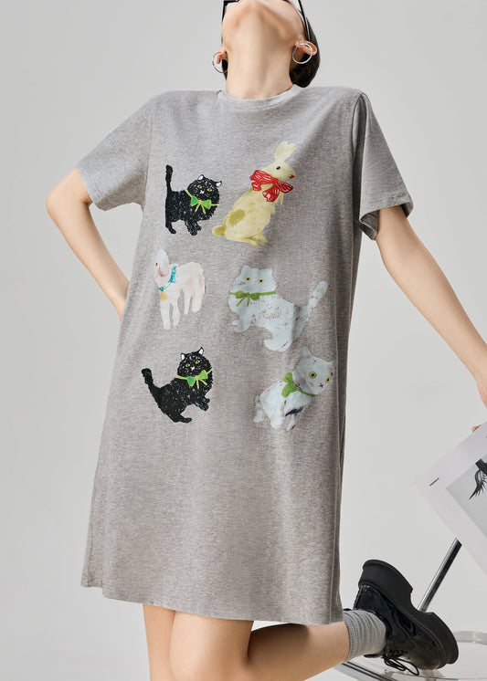 Simple Grey O Neck Print Cotton T Shirt Dress Summer