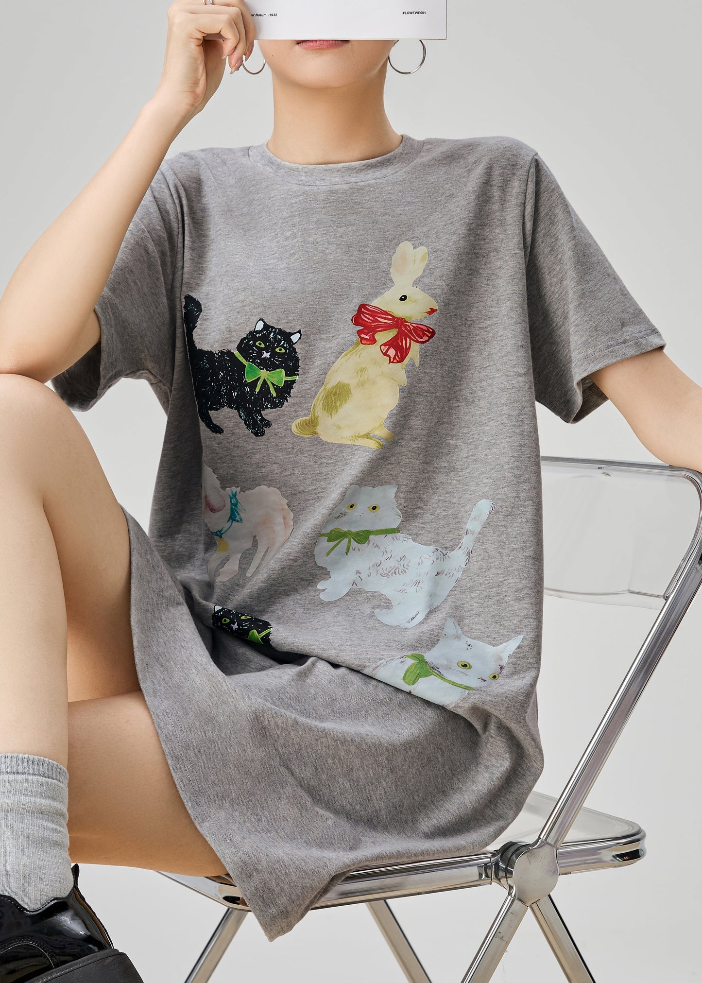 Simple Grey O Neck Print Cotton T Shirt Dress Summer