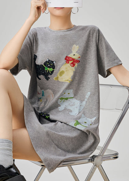 Simple Grey O Neck Print Cotton T Shirt Dress Summer