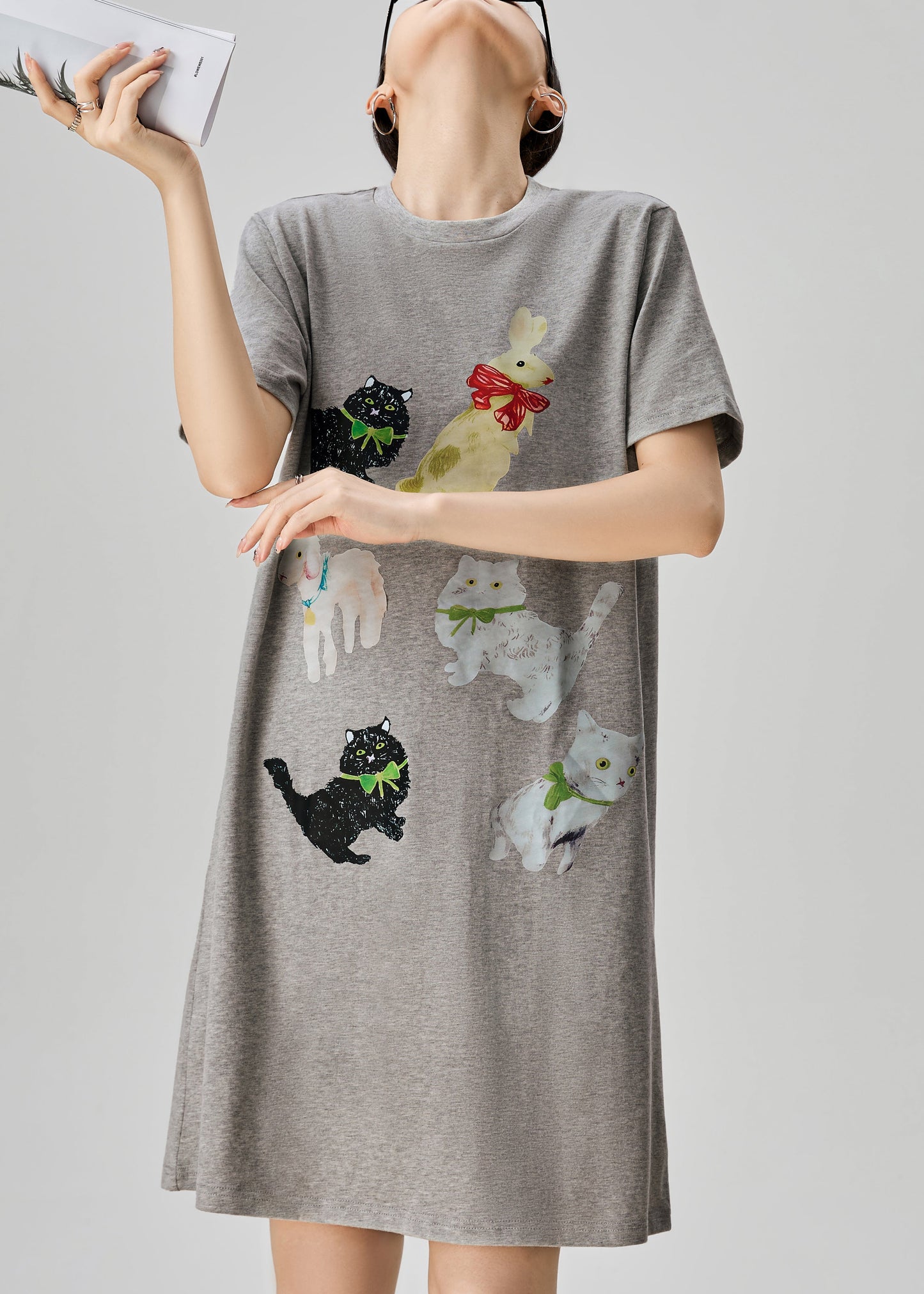 Simple Grey O Neck Print Cotton T Shirt Dress Summer