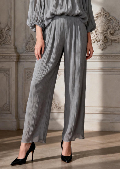Simple Grey O Neck Ruffled Solid Two Pieces Set Spring