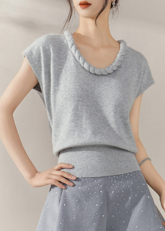 Simple Grey O Neck Solid Cable Knit Sweater Summer