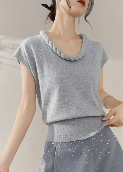 Simple Grey O Neck Solid Cable Knit Sweater Summer