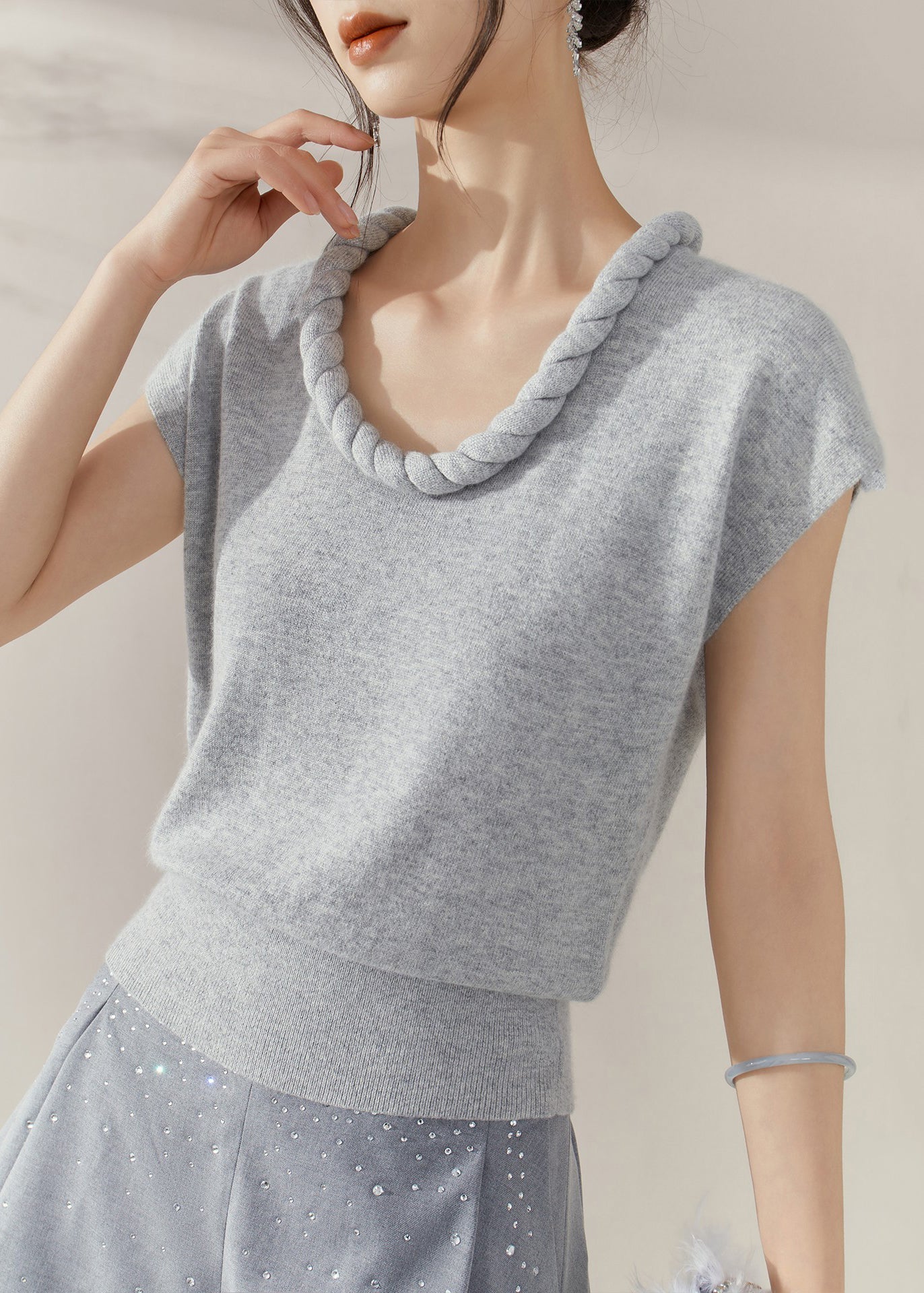 Simple Grey O Neck Solid Cable Knit Sweater Summer