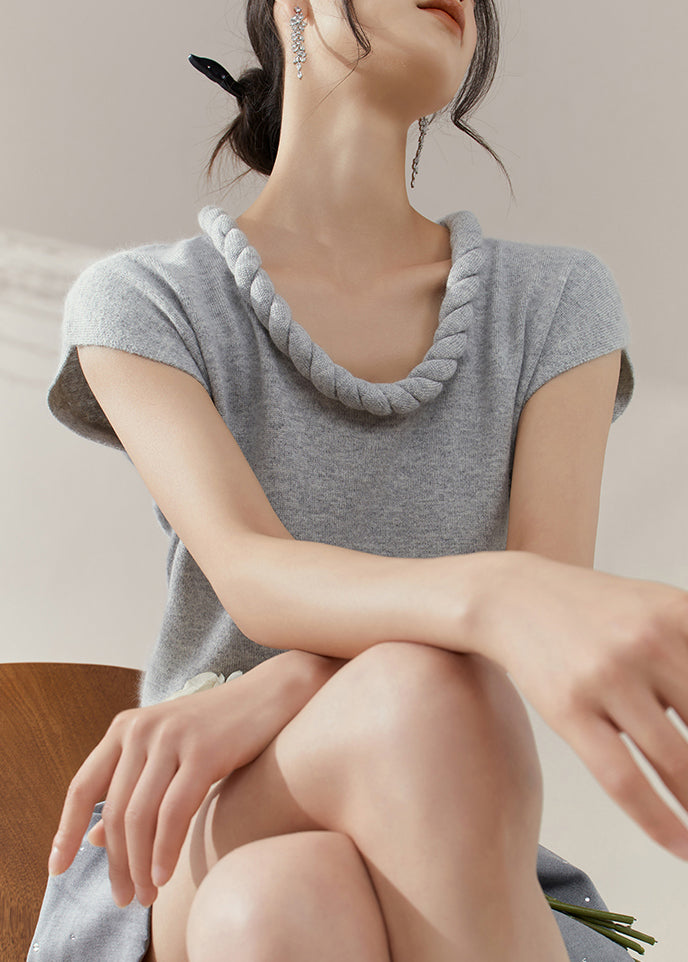 Simple Grey O Neck Solid Cable Knit Sweater Summer