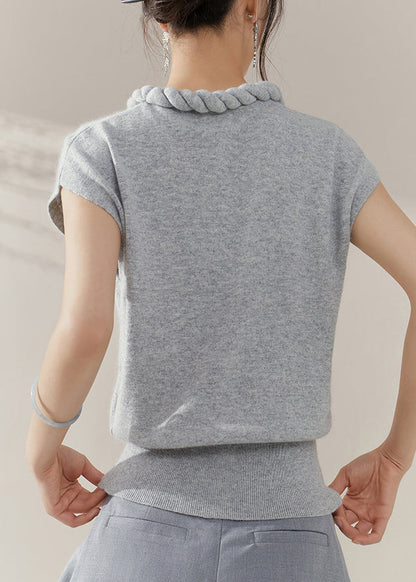 Simple Grey O Neck Solid Cable Knit Sweater Summer