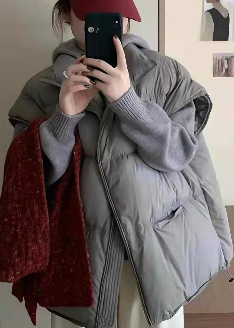 Simple Grey Oversized Drawstring Duck Down Filled Vests Winter