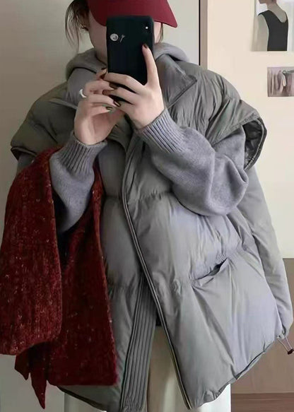 Simple Grey Oversized Drawstring Duck Down Filled Vests Winter