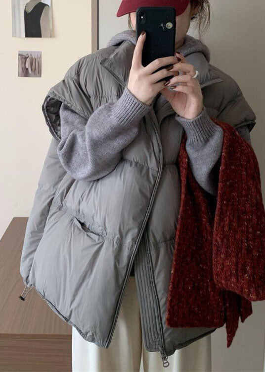 Simple Grey Oversized Drawstring Duck Down Filled Vests Winter