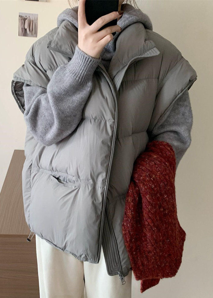 Simple Grey Oversized Drawstring Duck Down Filled Vests Winter