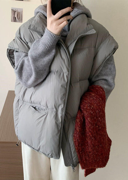 Simple Grey Oversized Drawstring Duck Down Filled Vests Winter