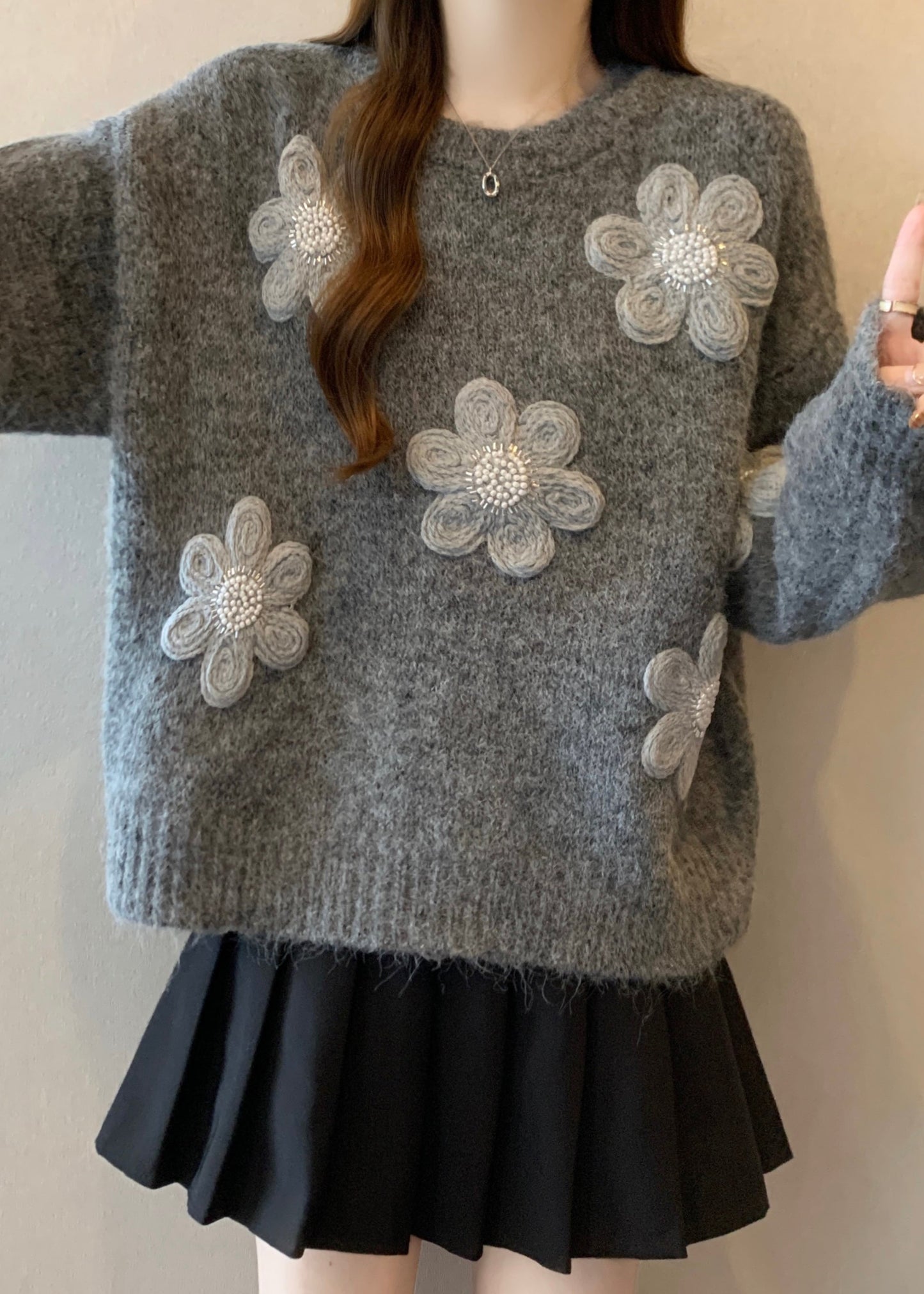 Simple Grey Oversized Floral Knit Sweaters Winter