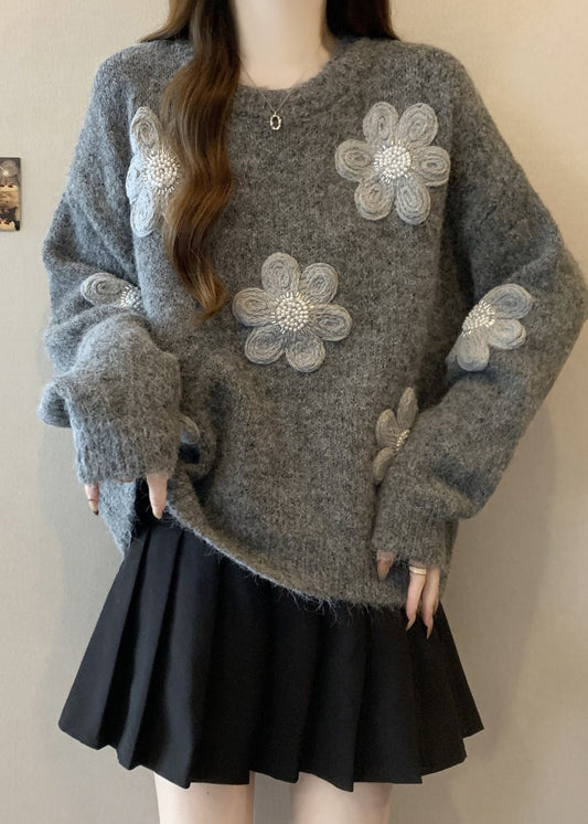 Simple Grey Oversized Floral Knit Sweaters Winter