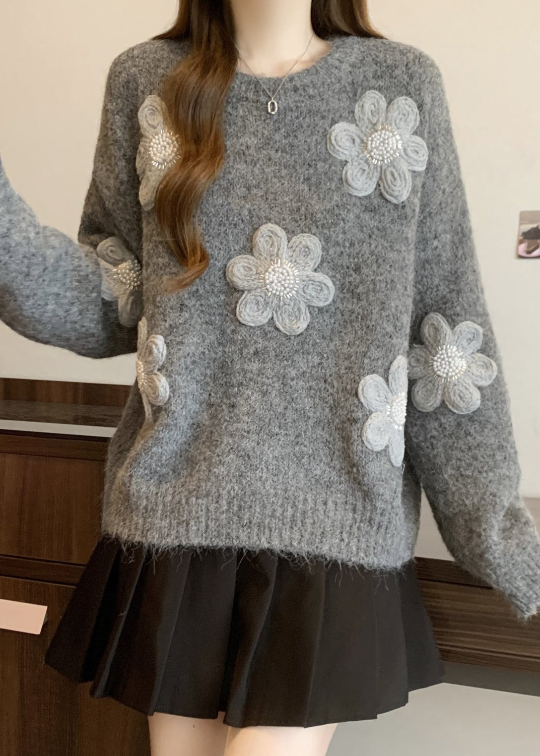Simple Grey Oversized Floral Knit Sweaters Winter