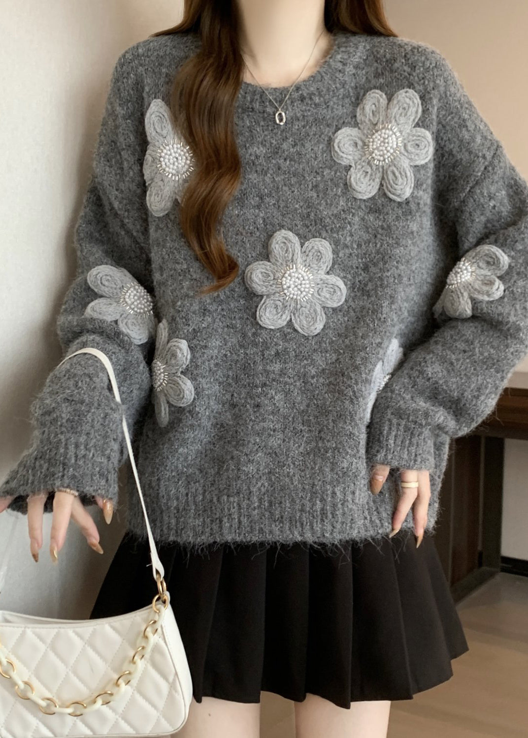 Simple Grey Oversized Floral Knit Sweaters Winter