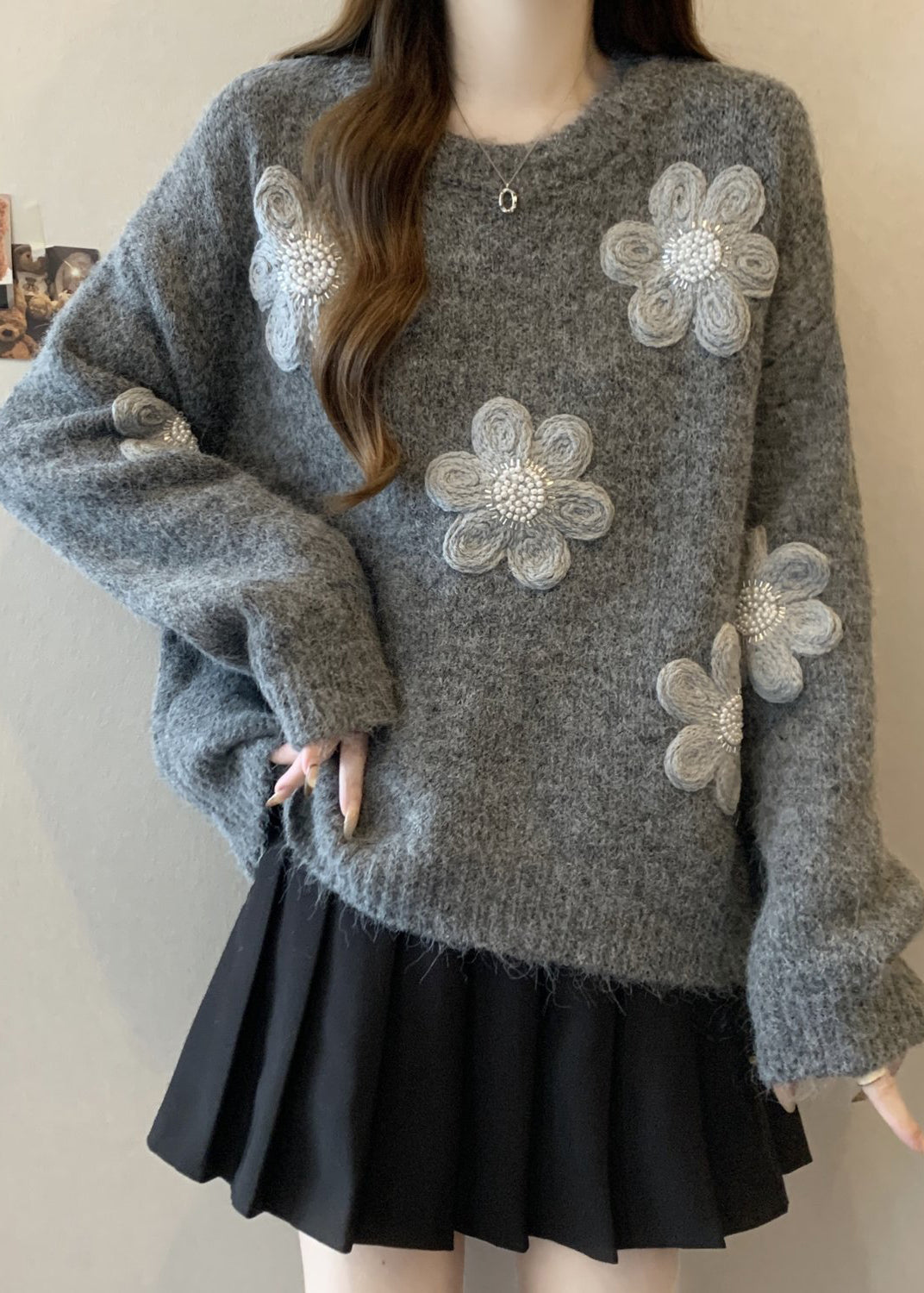 Simple Grey Oversized Floral Knit Sweaters Winter