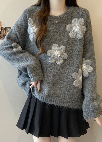 Simple Grey Oversized Floral Knit Sweaters Winter