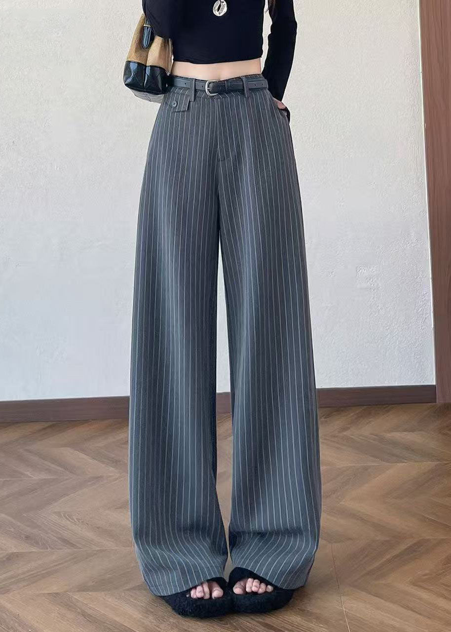 Simple Grey Oversized Striped Cotton Straight Pants Fall