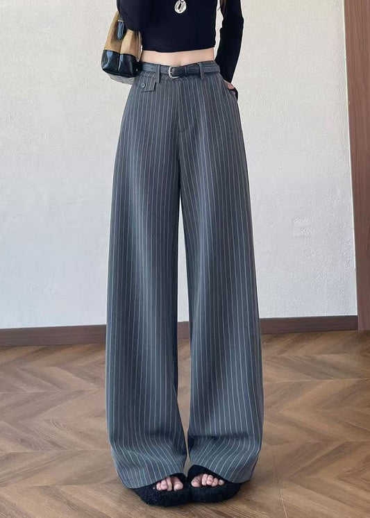 Simple Grey Oversized Striped Cotton Straight Pants Fall