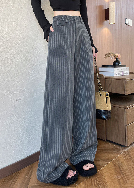 Simple Grey Oversized Striped Cotton Straight Pants Fall