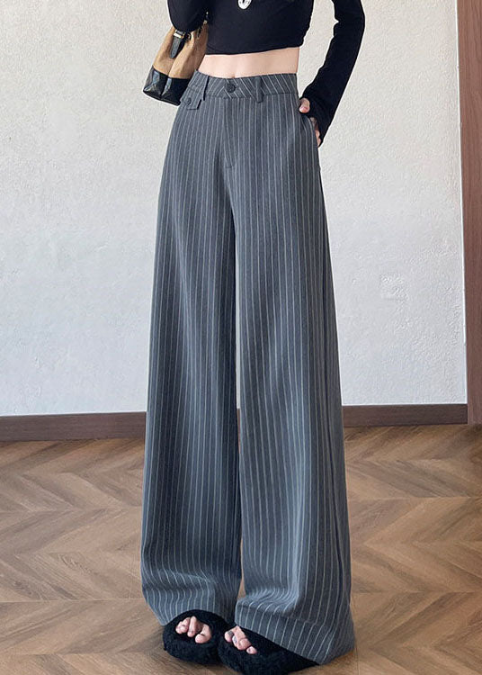 Simple Grey Oversized Striped Cotton Straight Pants Fall