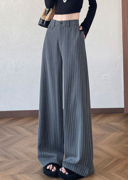 Simple Grey Oversized Striped Cotton Straight Pants Fall