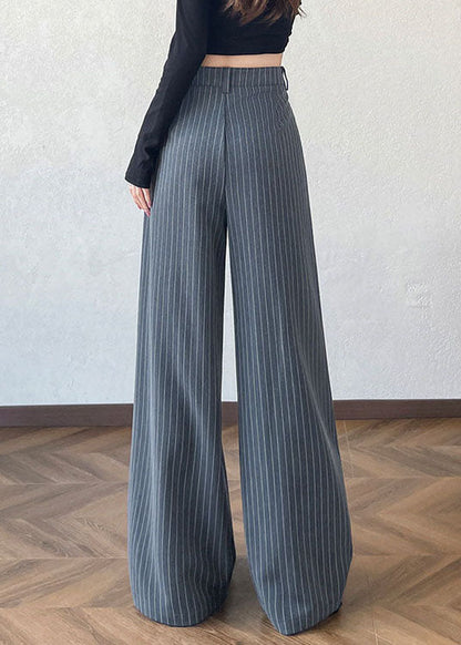 Simple Grey Oversized Striped Cotton Straight Pants Fall