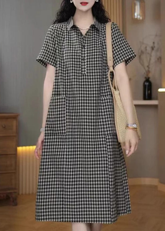 Simple Grey Peter Pan Collar Plaid Linen Mid Dress Summer