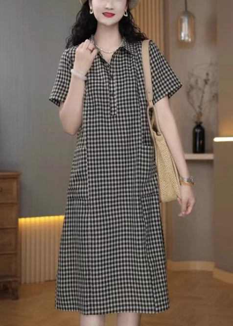 Simple Grey Peter Pan Collar Plaid Linen Mid Dress Summer