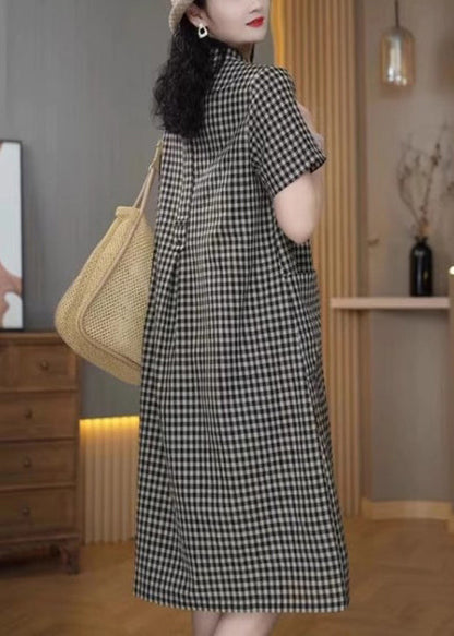 Simple Grey Peter Pan Collar Plaid Linen Mid Dress Summer