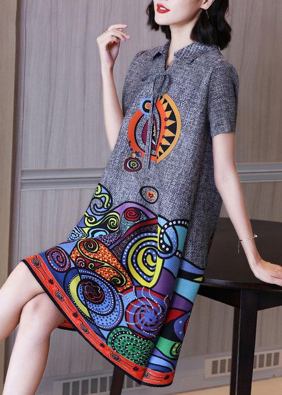 Simple Grey Print Peter Pan Collar Mandarin Collar tie Summer Dress - SooLinen