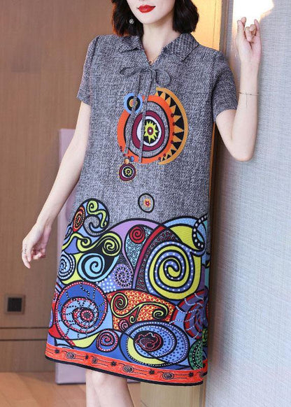 Simple Grey Print Peter Pan Collar Mandarin Collar tie Summer Dress - SooLinen